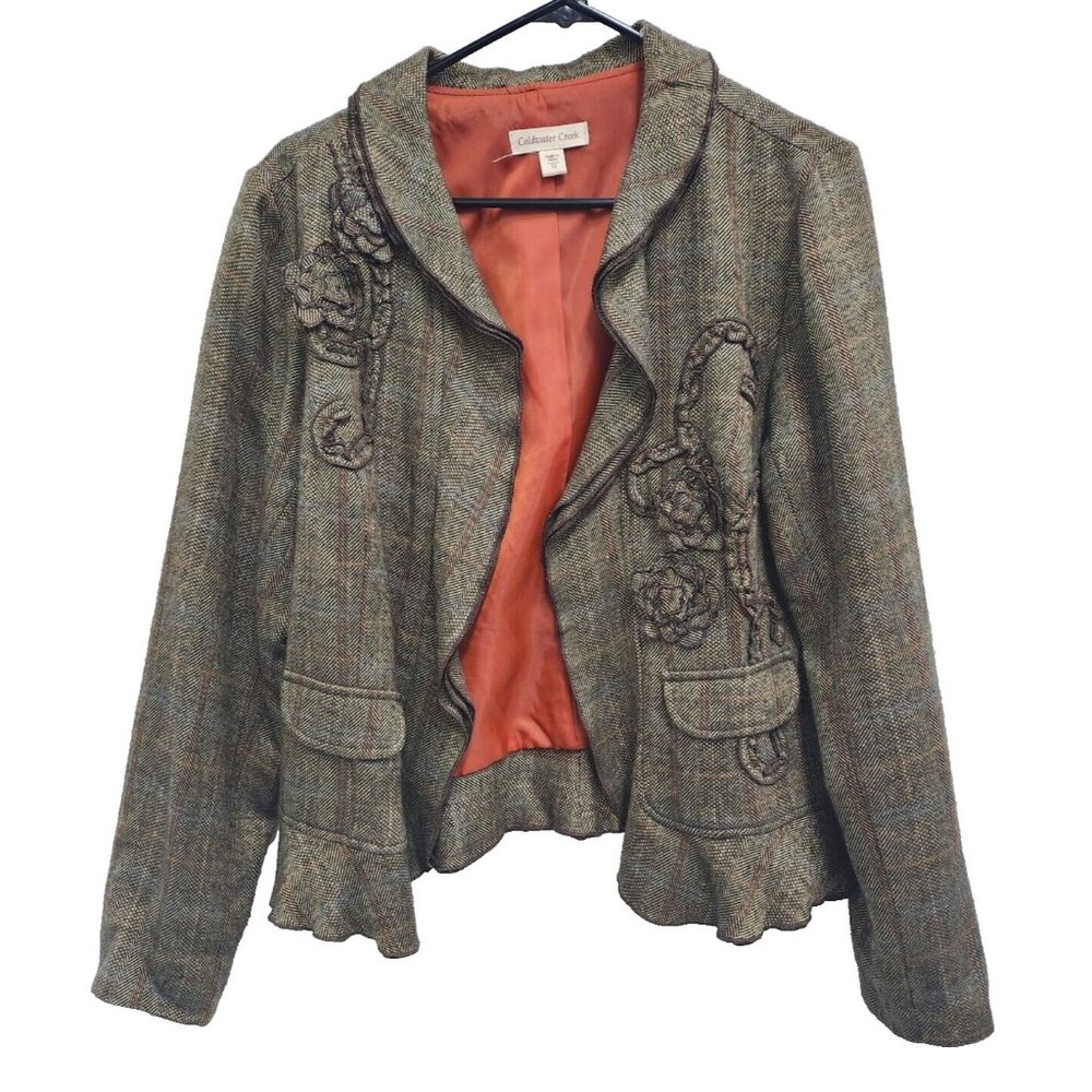 Coldwater Creek Tweed Floral Embroidered Blazer with Rust Lining